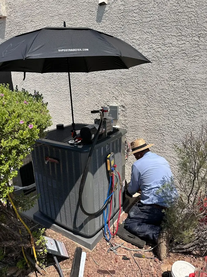 HVAC technician performing outdoor AC maintenance in Lakeville